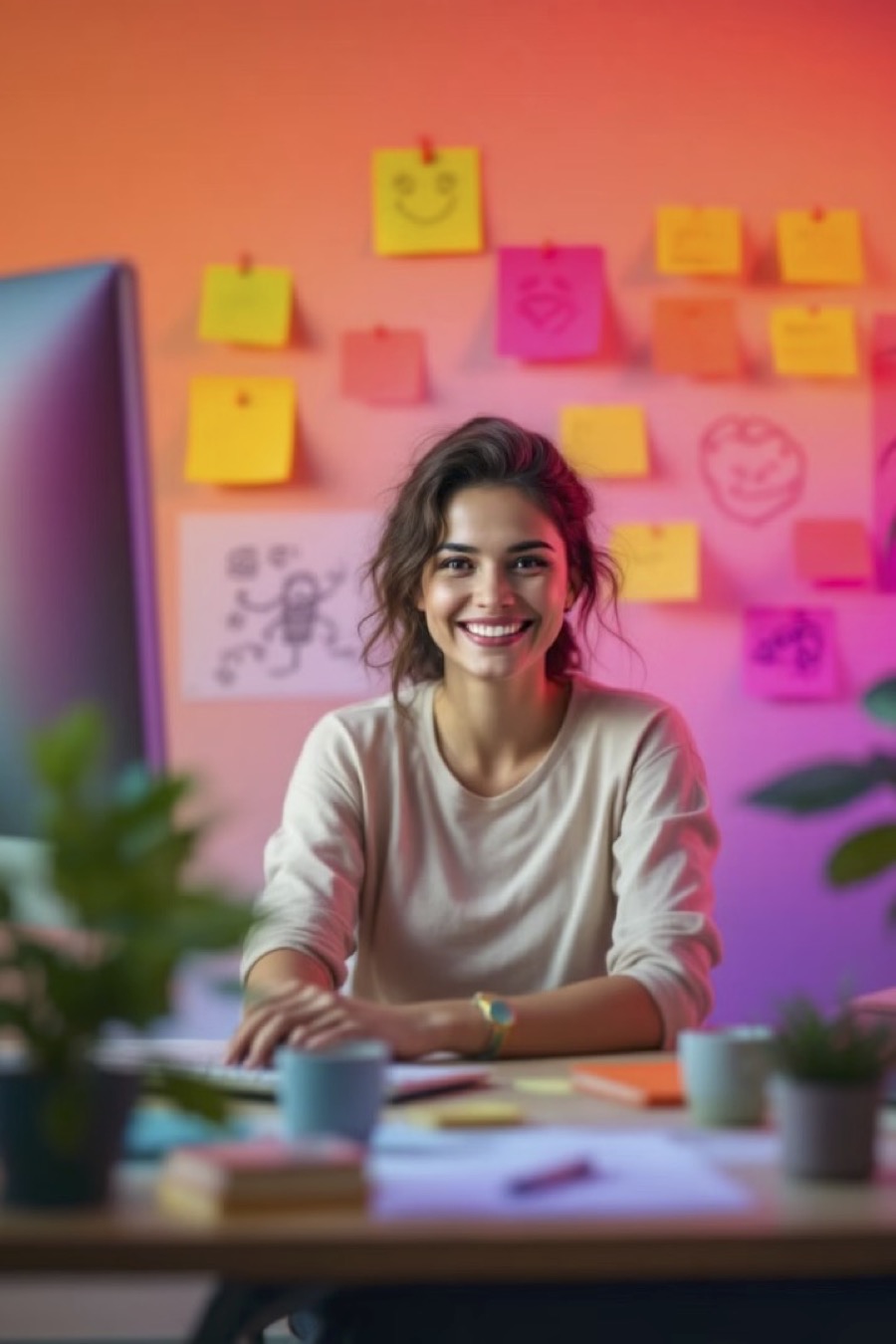 Femme souriante dans un bureau coloré